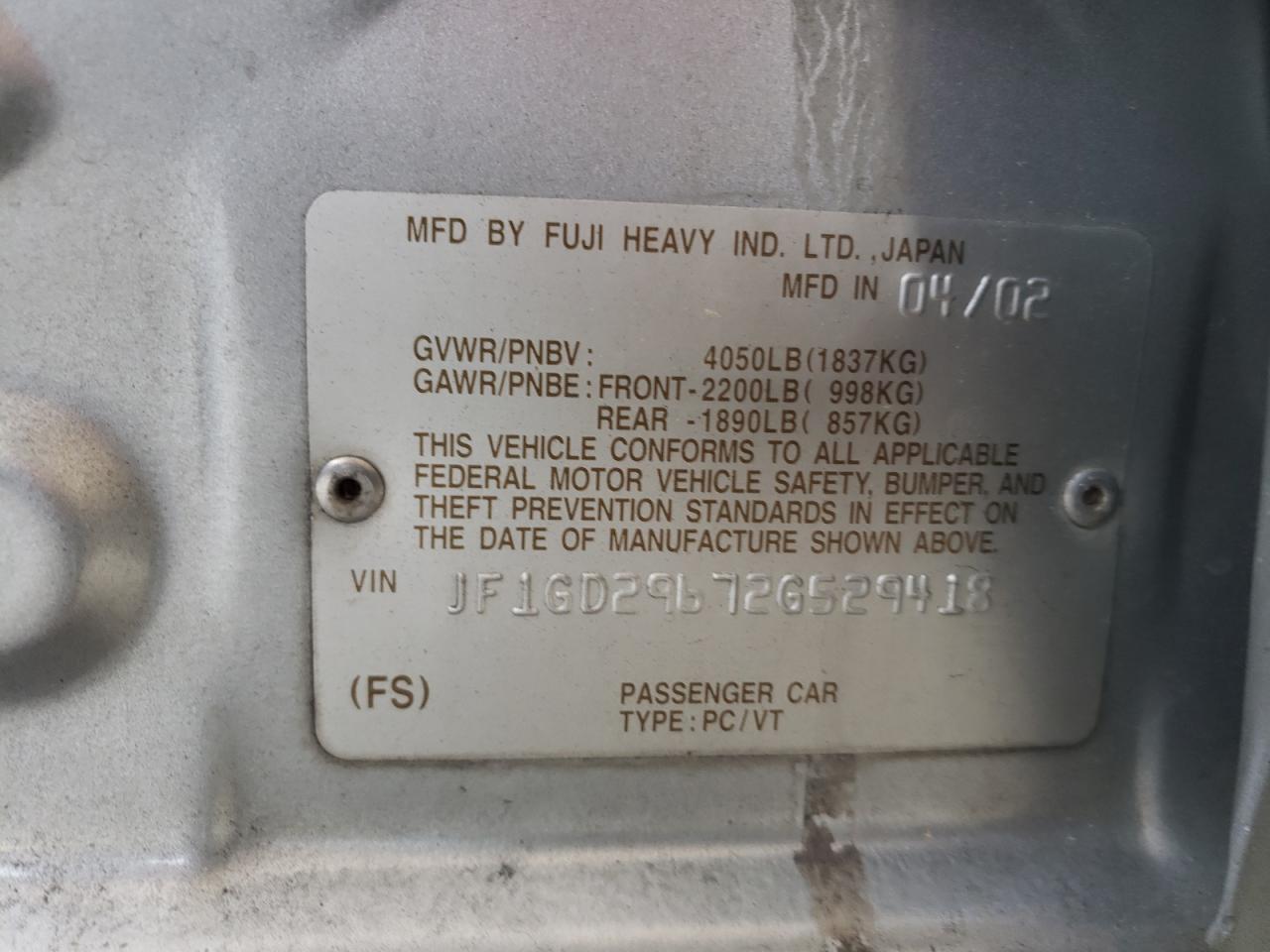 Photo 10 from auction – 2002 SUBARU IMPREZA WR with VIN JF1GD29672G529418