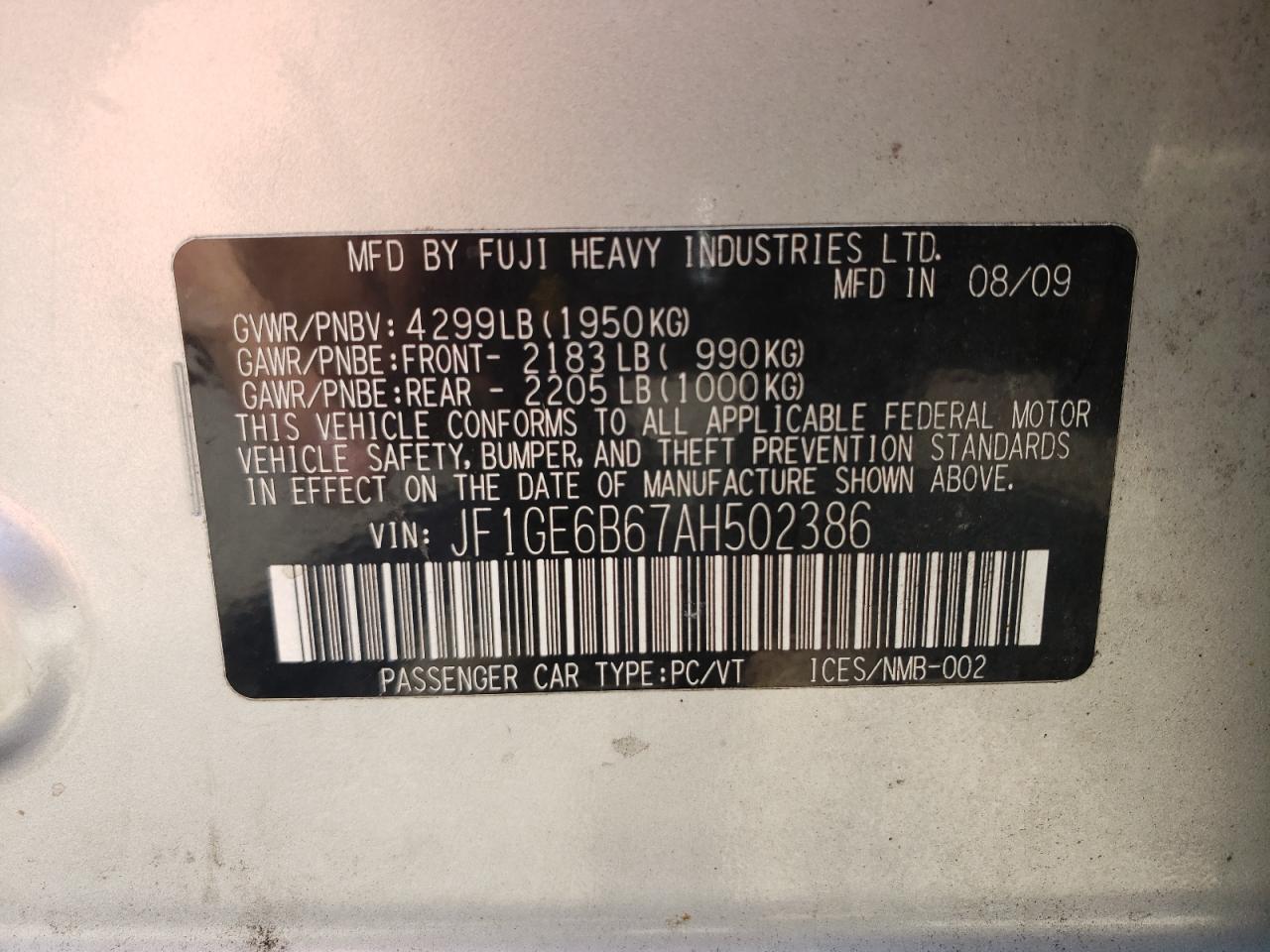 Photo 10 from auction – 2010 SUBARU IMPREZA 2. with VIN JF1GE6B67AH502386