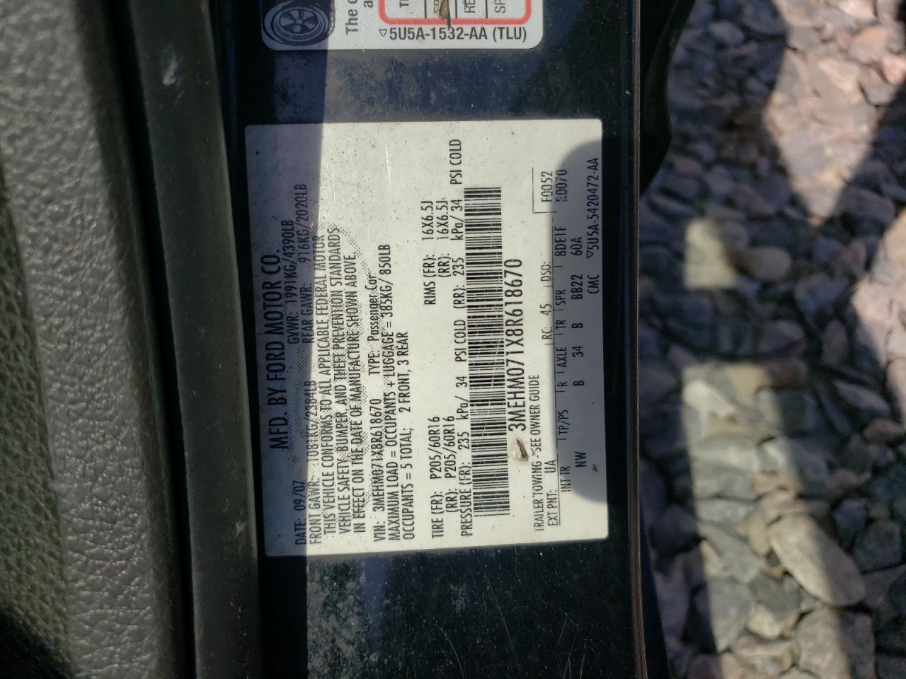 Photo 10 from auction – 2008 MERCURY MILAN with VIN 3MEHM071X8R618670
