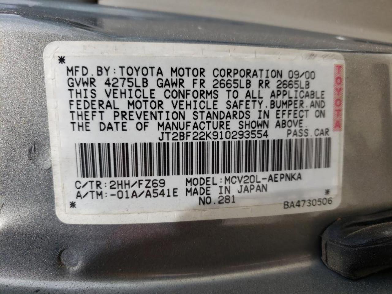 Photo 10 from auction – 2001 TOYOTA CAMRY CE with VIN JT2BF22K910293554