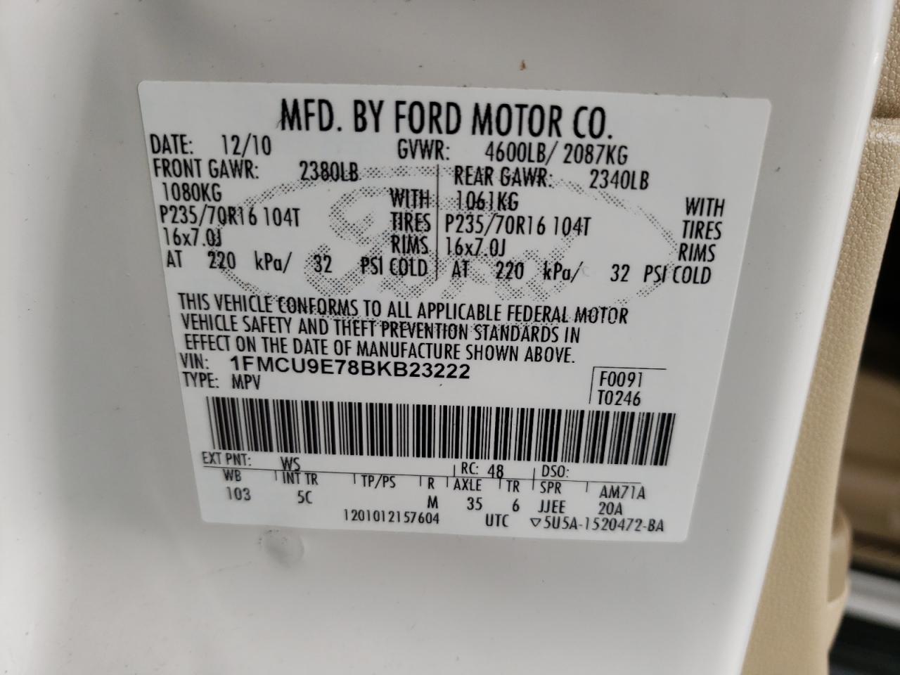 Photo 10 from auction – 2011 FORD ESCAPE LIM with VIN 1FMCU9E78BKB23222