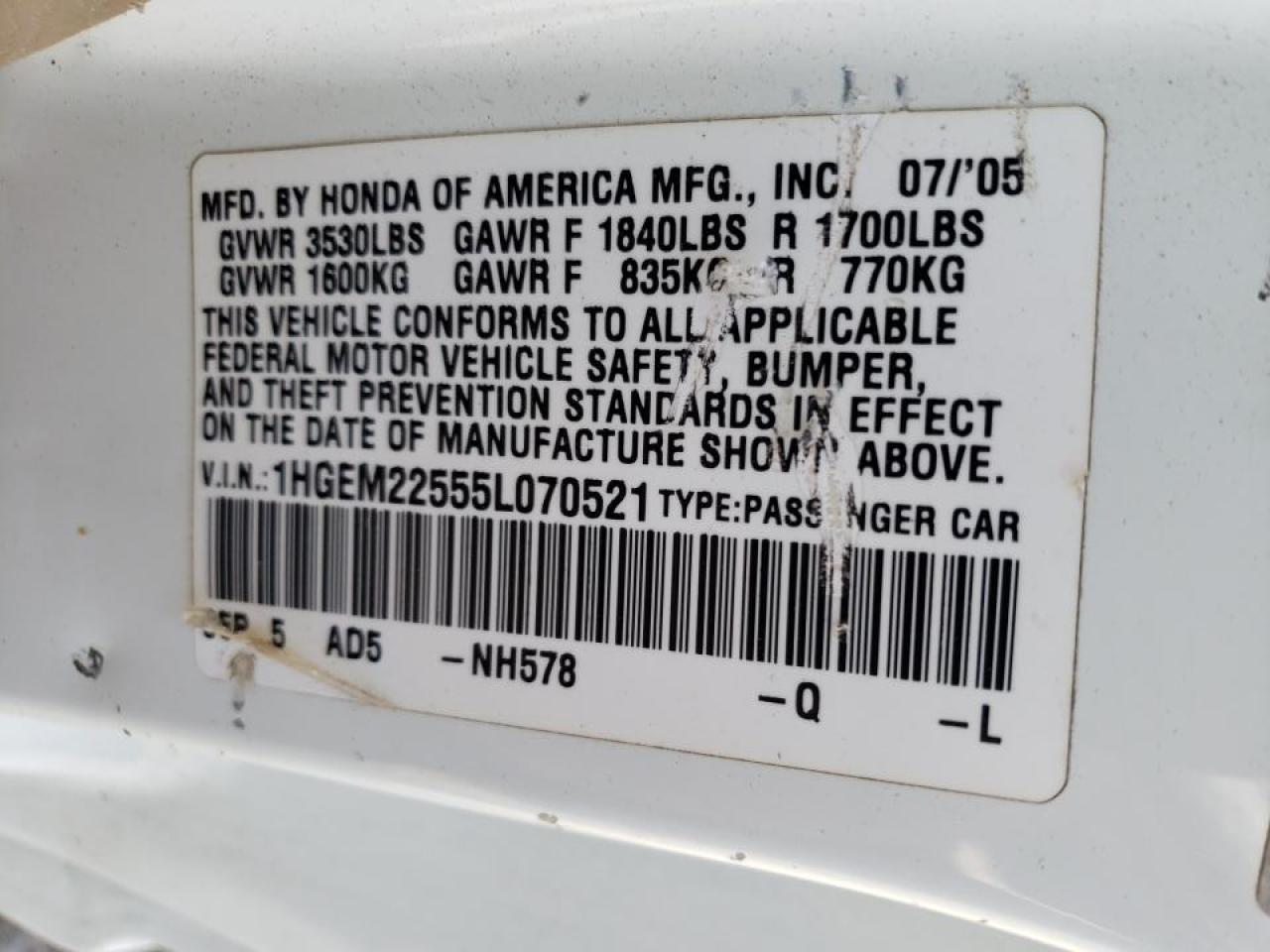 Photo 10 from auction – 2005 HONDA CIVIC LX with VIN 1HGEM22555L070521