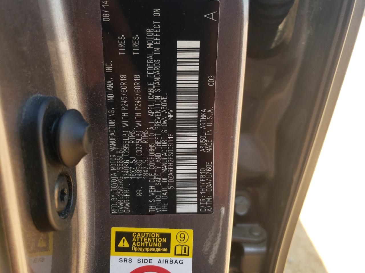 Photo 10 from auction – 2015 TOYOTA HIGHLANDER with VIN 5TDZARFH2FS009116
