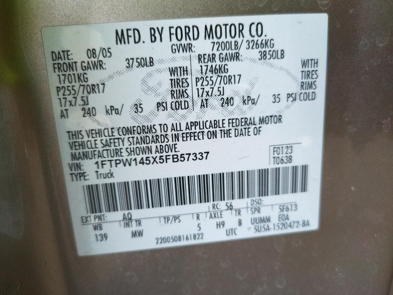 Photo 10 from auction – 2005 FORD F150 SUPER with VIN 1FTPW145X5FB57337