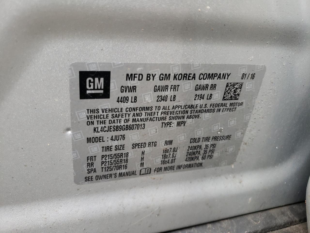 Photo 10 from auction – 2016 BUICK ENCORE with VIN KL4CJESB9GB607013