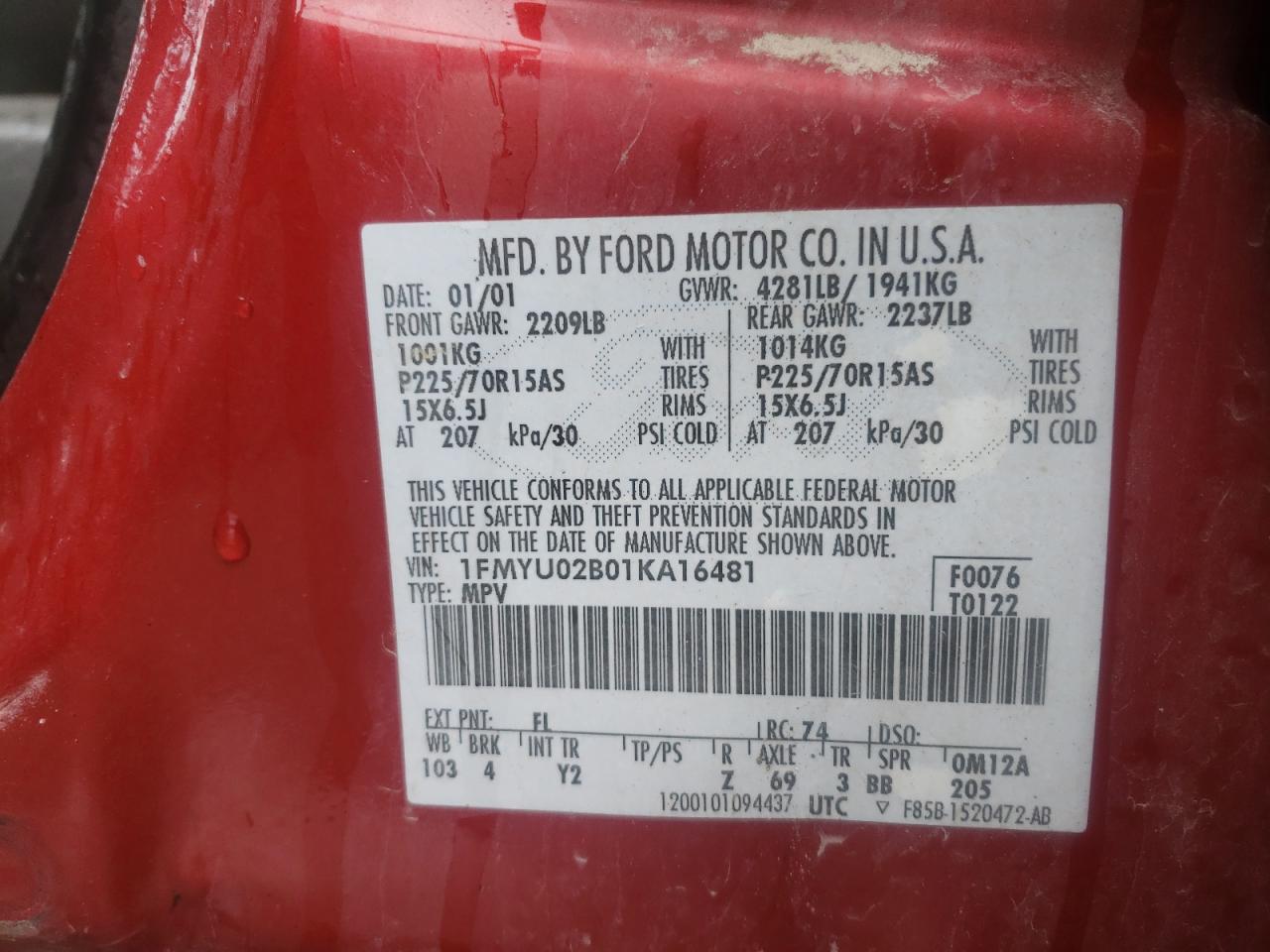 Photo 10 from auction – 2001 FORD ESCAPE XLS with VIN 1FMYU02B01KA16481