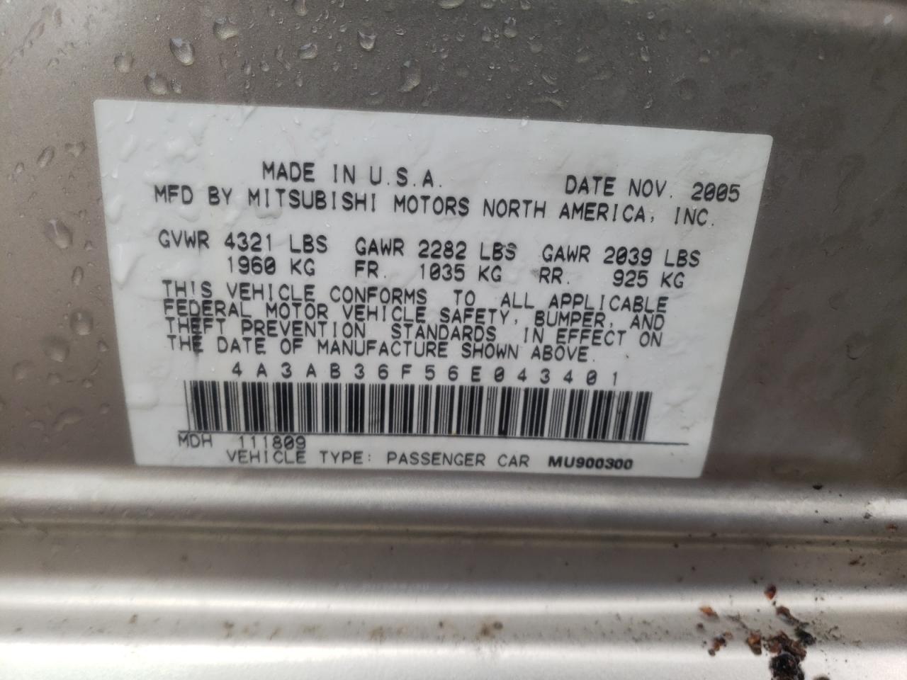 Photo 10 from auction – 2006 MITSUBISHI GALANT ES with VIN 4A3AB36F56E043401