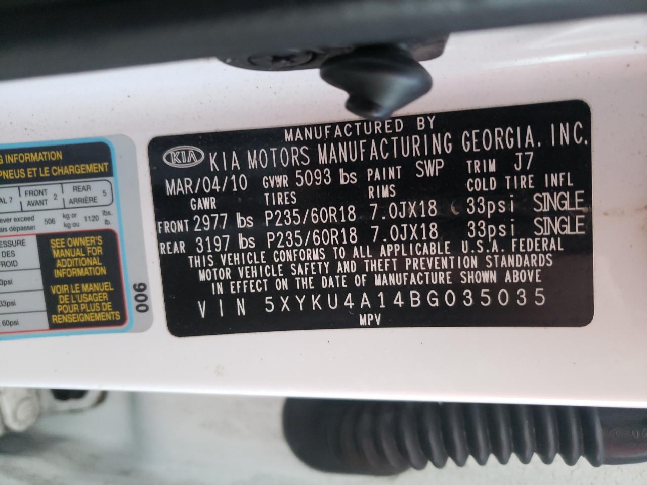 Photo 10 from auction – 2011 KIA SORENTO EX with VIN 5XYKU4A14BG035035