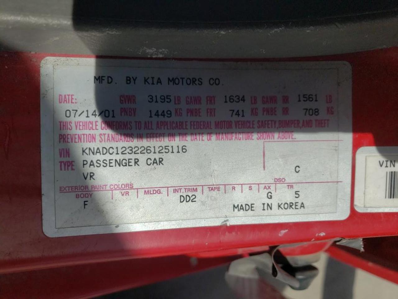 Photo 10 from auction – 2002 KIA RIO with VIN KNADC123226125116