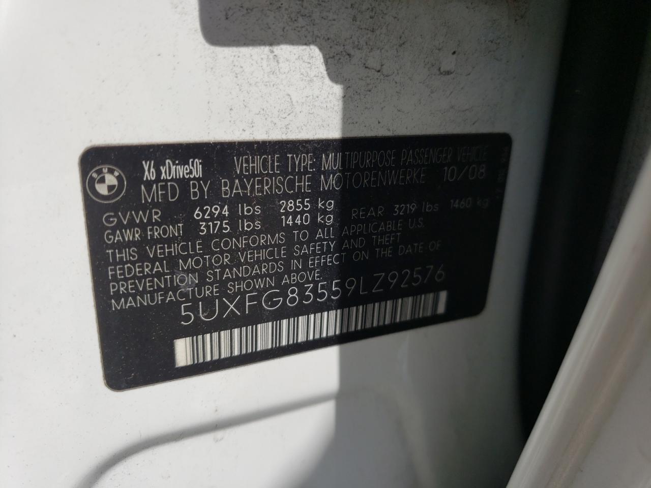 Photo 10 from auction – 2009 BMW X6 with VIN 5UXFG83559LZ92576