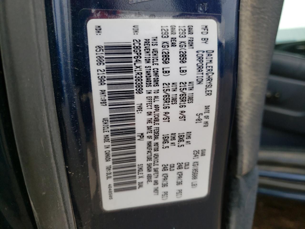 Photo 10 from auction – 2001 CHRYSLER TOWN AND C with VIN 2C8GP64LX1R383890