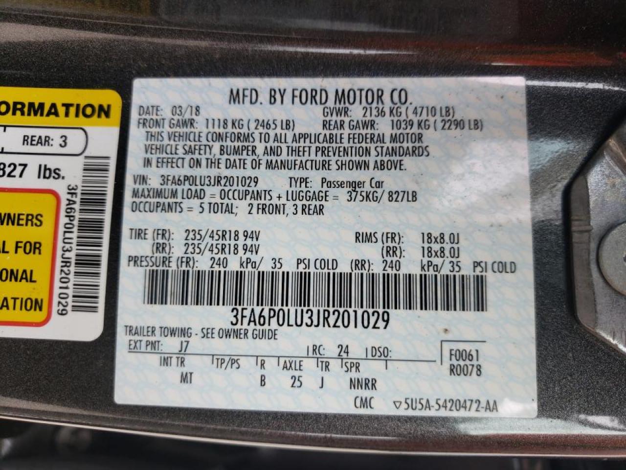 Photo 10 from auction – 2018 FORD FUSION SE with VIN 3FA6P0LU3JR201029