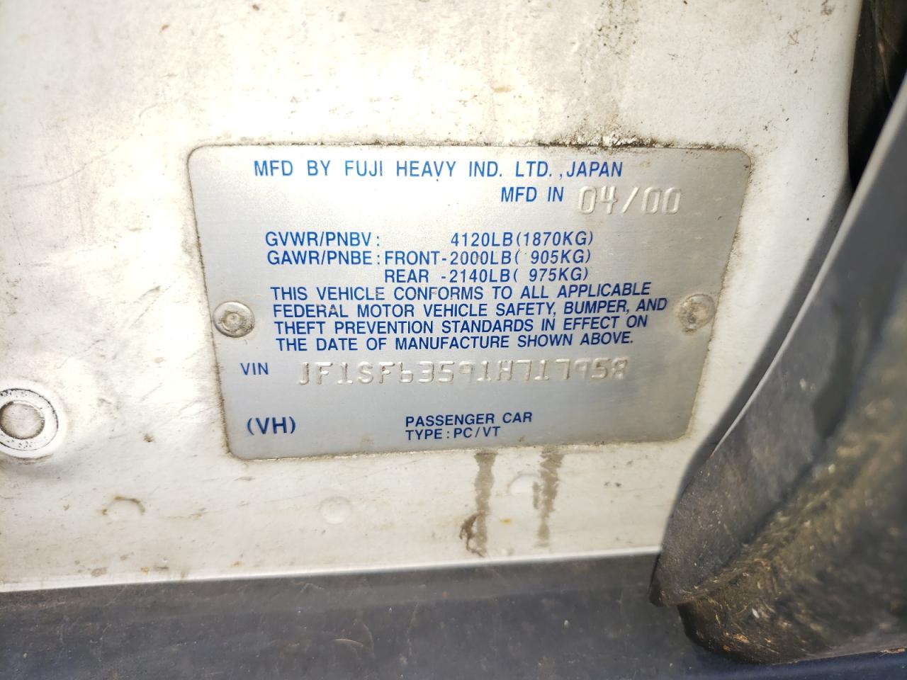 Photo 10 from auction – 2001 SUBARU FORESTER L with VIN JF1SF63591H717958