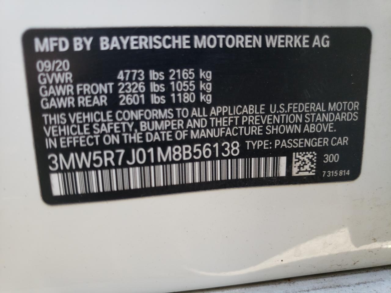Photo 10 from auction – 2021 BMW 330XI with VIN 3MW5R7J01M8B56138