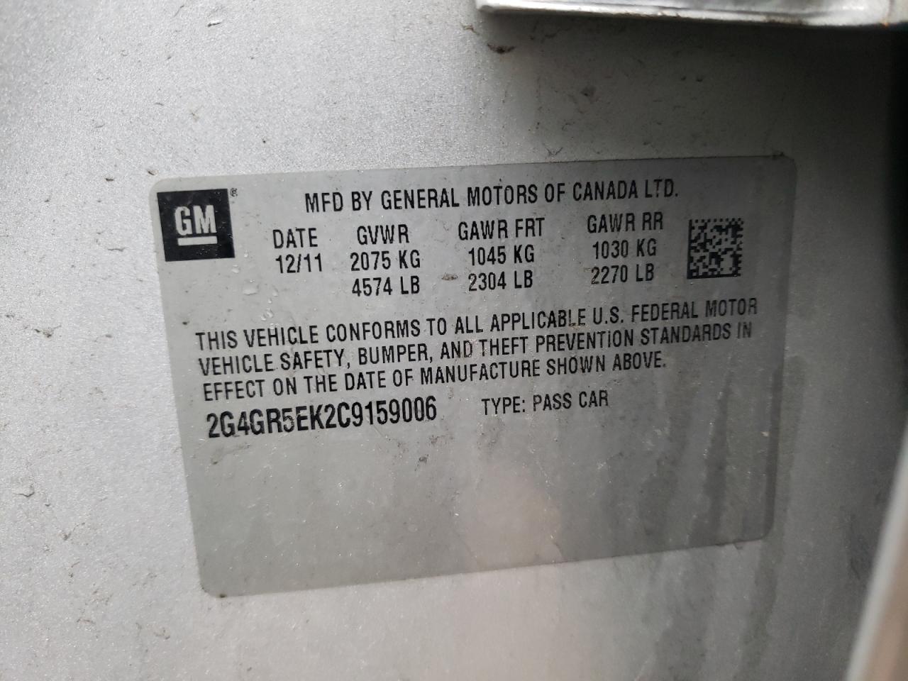 Photo 10 from auction – 2012 BUICK REGAL with VIN 2G4GR5EK2C9159006