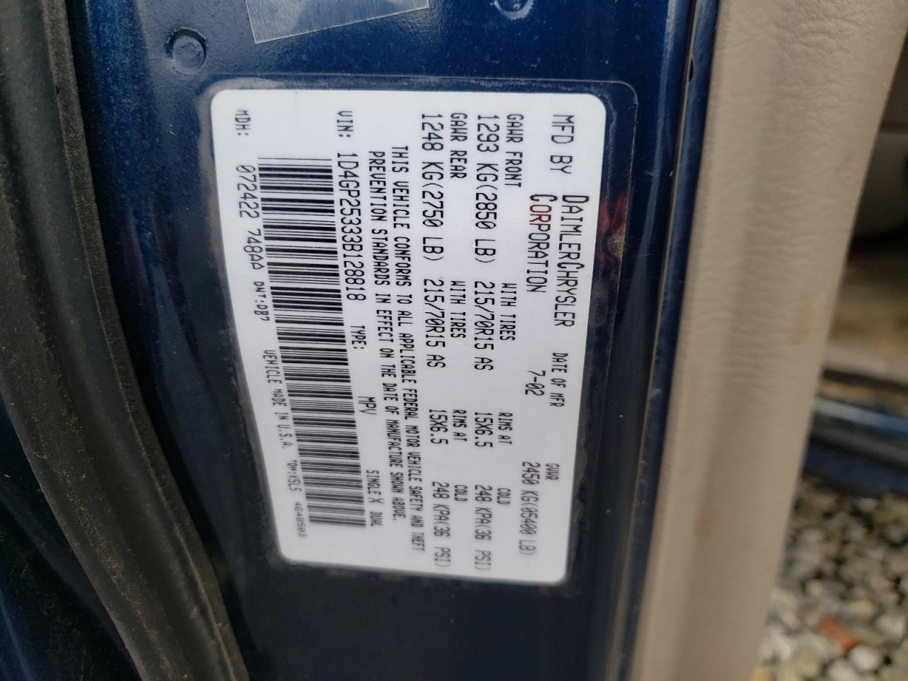 Photo 10 from auction – 2003 DODGE CARAVAN SE with VIN 1D4GP25333B128818