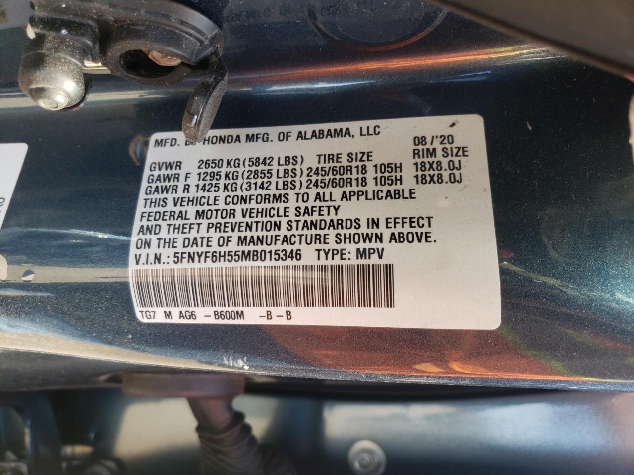 Photo 10 from auction – 2021 HONDA PILOT EXL with VIN 5FNYF6H55MB015346