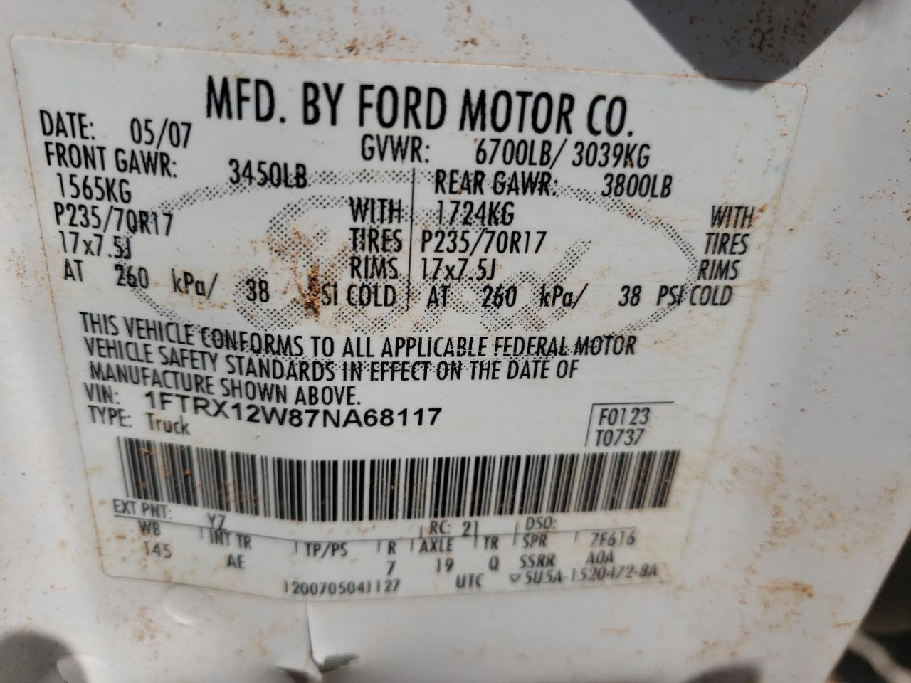 Photo 10 from auction – 2007 FORD F150 with VIN 1FTRX12W87NA68117
