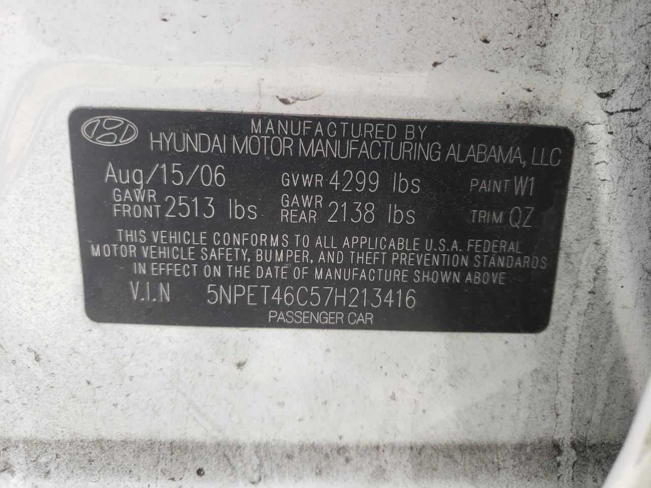 Photo 10 from auction – 2007 HYUNDAI SONATA GLS with VIN 5NPET46C57H213416