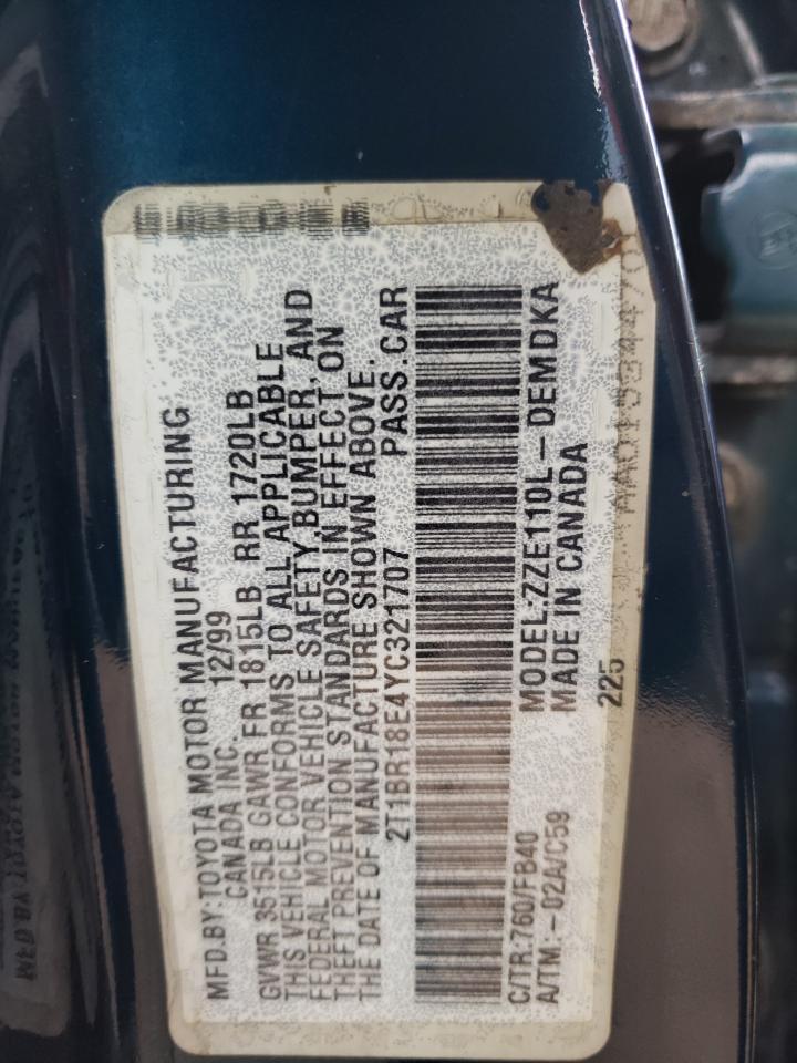 Photo 10 from auction – 2000 TOYOTA COROLLA VE with VIN 2T1BR18E4YC321707