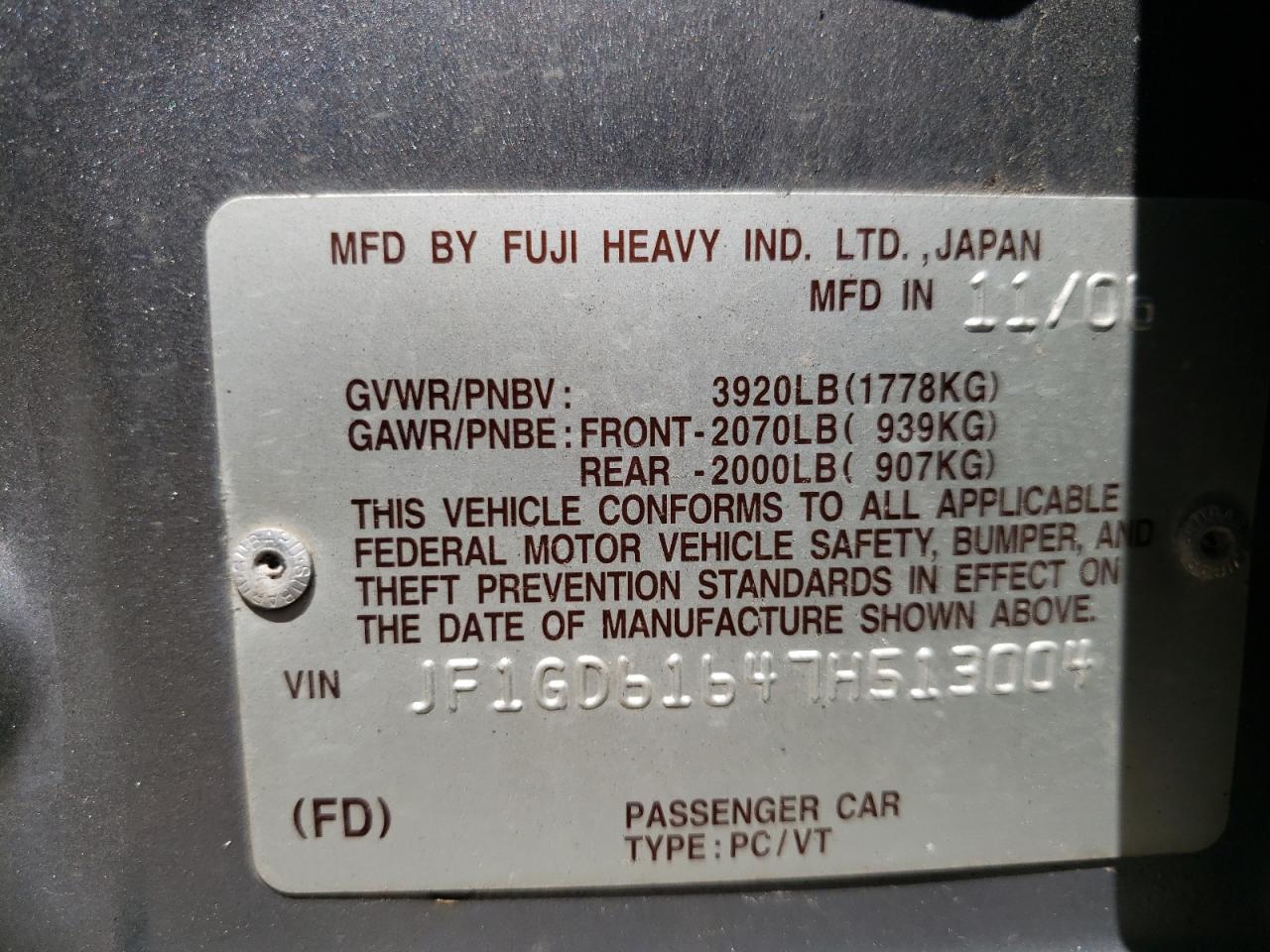 Photo 10 from auction – 2007 SUBARU IMPREZA 2. with VIN JF1GD61647H513004