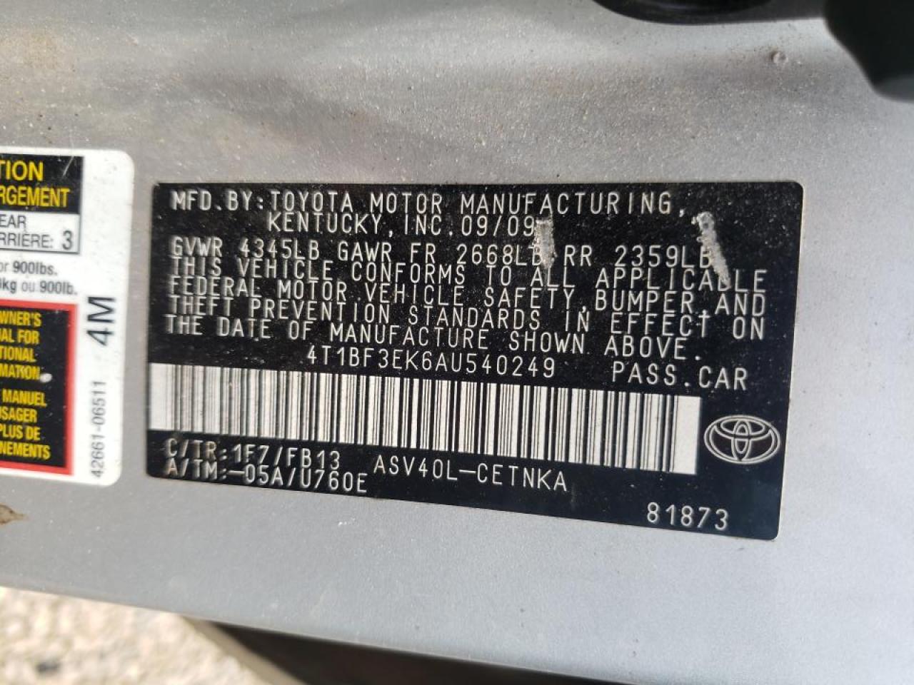 Photo 10 from auction – 2010 TOYOTA CAMRY BASE with VIN 4T1BF3EK6AU540249