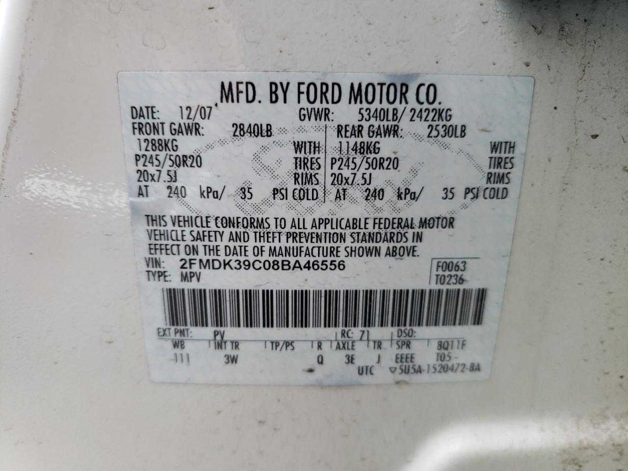 Photo 10 from auction – 2008 FORD EDGE LIMIT with VIN 2FMDK39C08BA46556