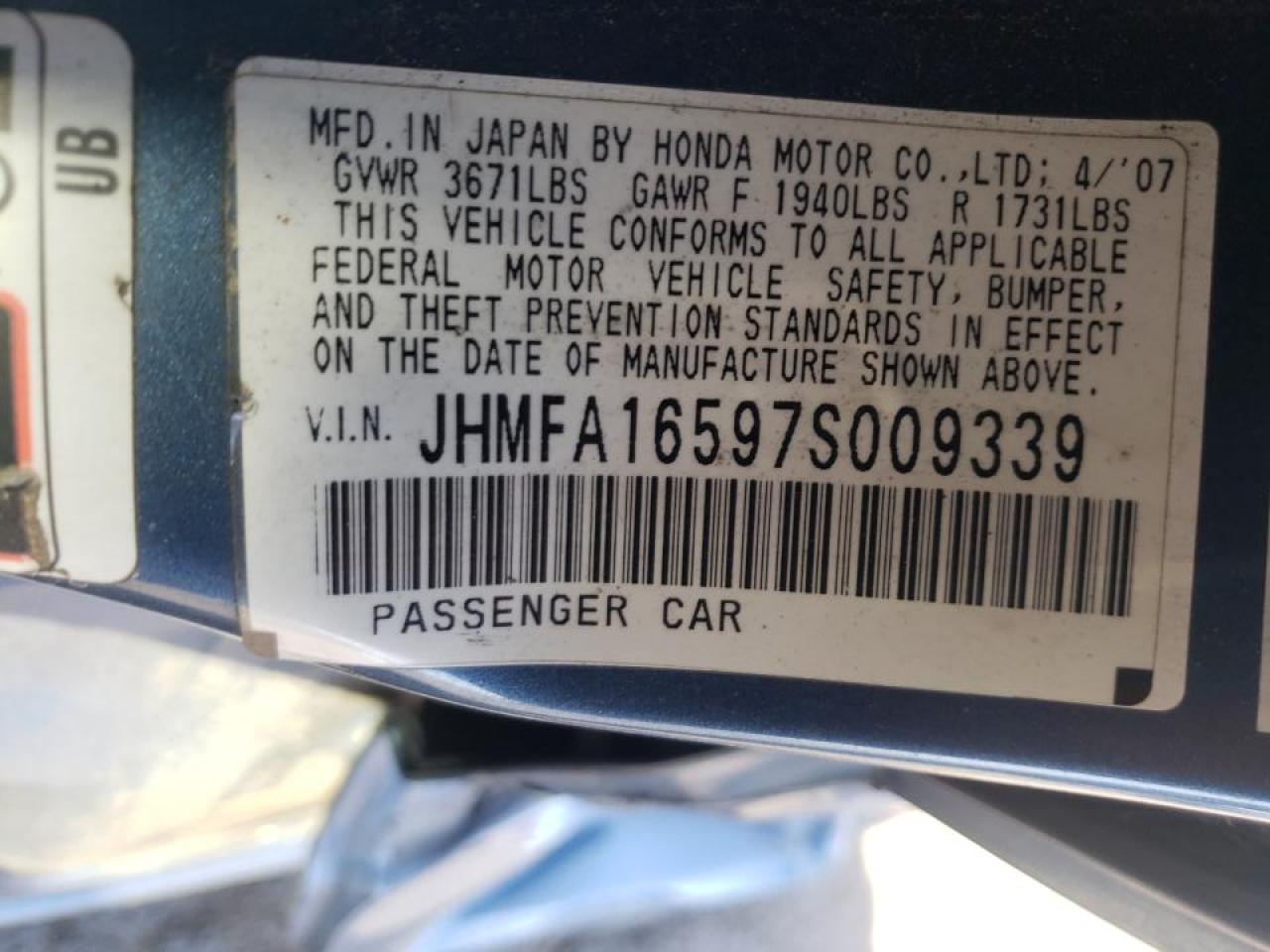 Photo 10 from auction – 2007 HONDA CIVIC LX with VIN JHMFA16597S009339