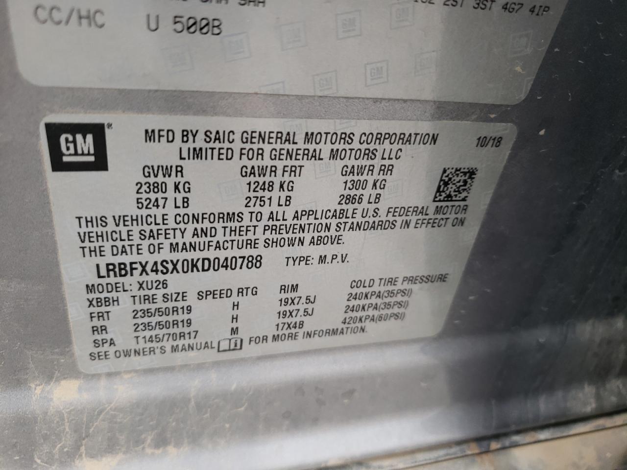 Photo 10 from auction – 2019 BUICK ENVISION P with VIN LRBFX4SX0KD040788