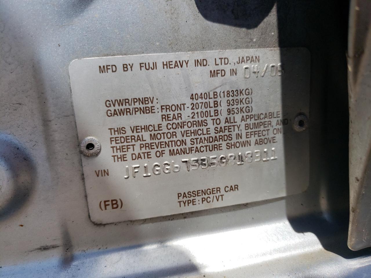 Photo 10 from auction – 2005 SUBARU IMPREZA RS with VIN JF1GG67535G818311