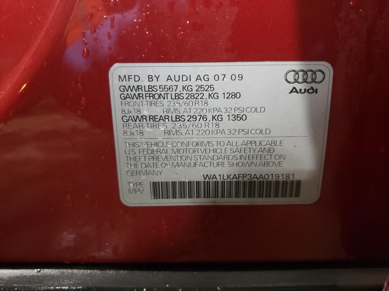 Photo 10 from auction – 2010 AUDI Q5 PREMIUM with VIN WA1LKAFP3AA019181