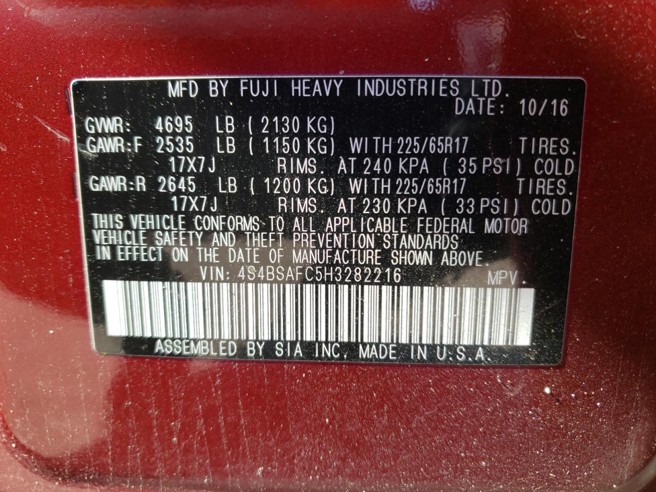 Photo 10 from auction – 2017 SUBARU OUTBACK 2. with VIN 4S4BSAFC5H3282216