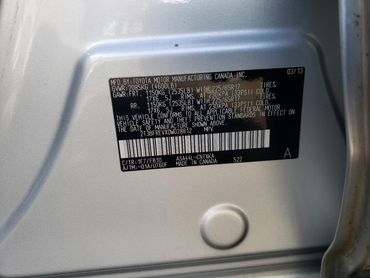 Photo 10 from auction – 2013 TOYOTA RAV4 LE with VIN 2T3BFREVXDW028812