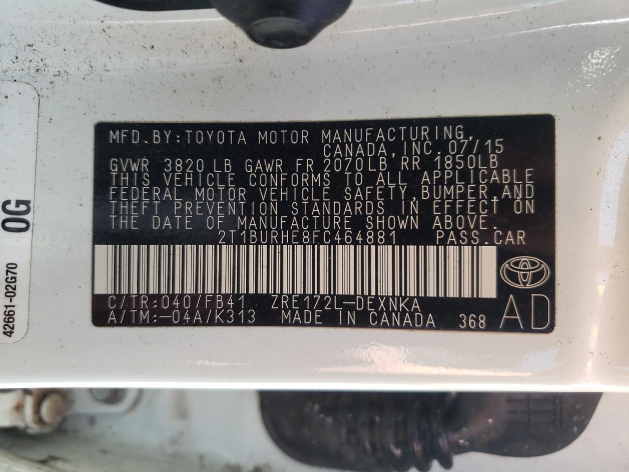 Photo 10 from auction – 2015 TOYOTA COROLLA L with VIN 2T1BURHE8FC464881
