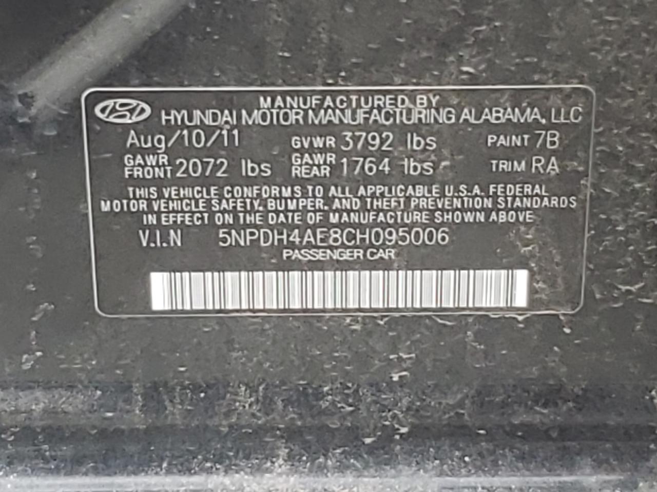 Photo 10 from auction – 2012 HYUNDAI ELANTRA GL with VIN 5NPDH4AE8CH095006