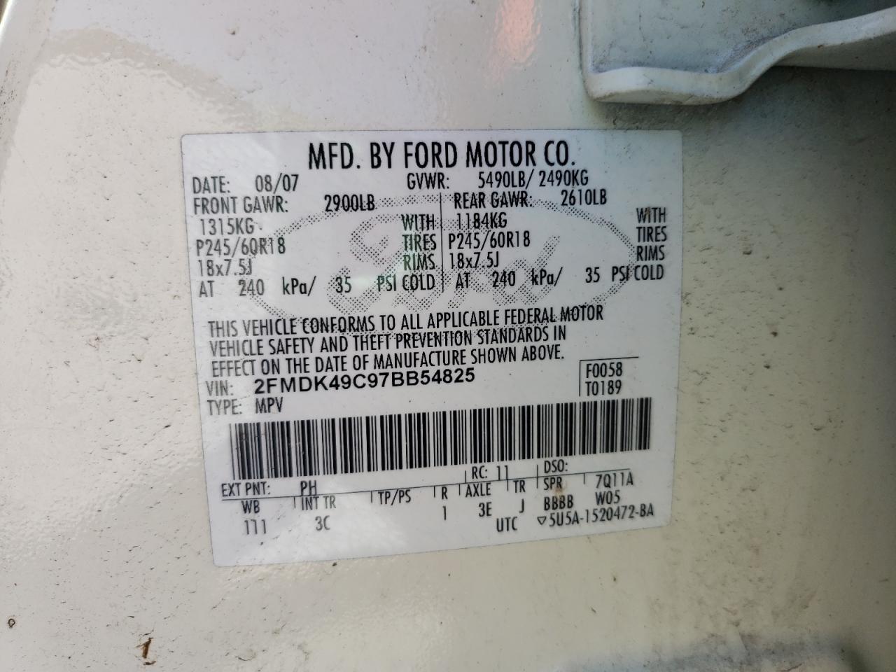 Photo 10 from auction – 2007 FORD EDGE SEL P with VIN 2FMDK49C97BB54825