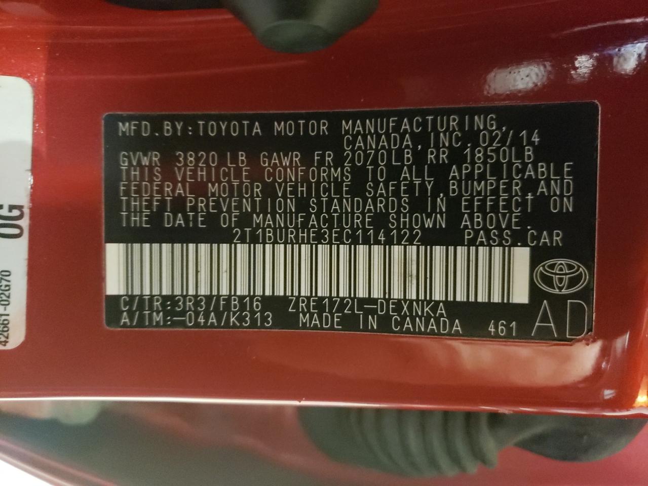Photo 10 from auction – 2014 TOYOTA COROLLA L with VIN 2T1BURHE3EC114122