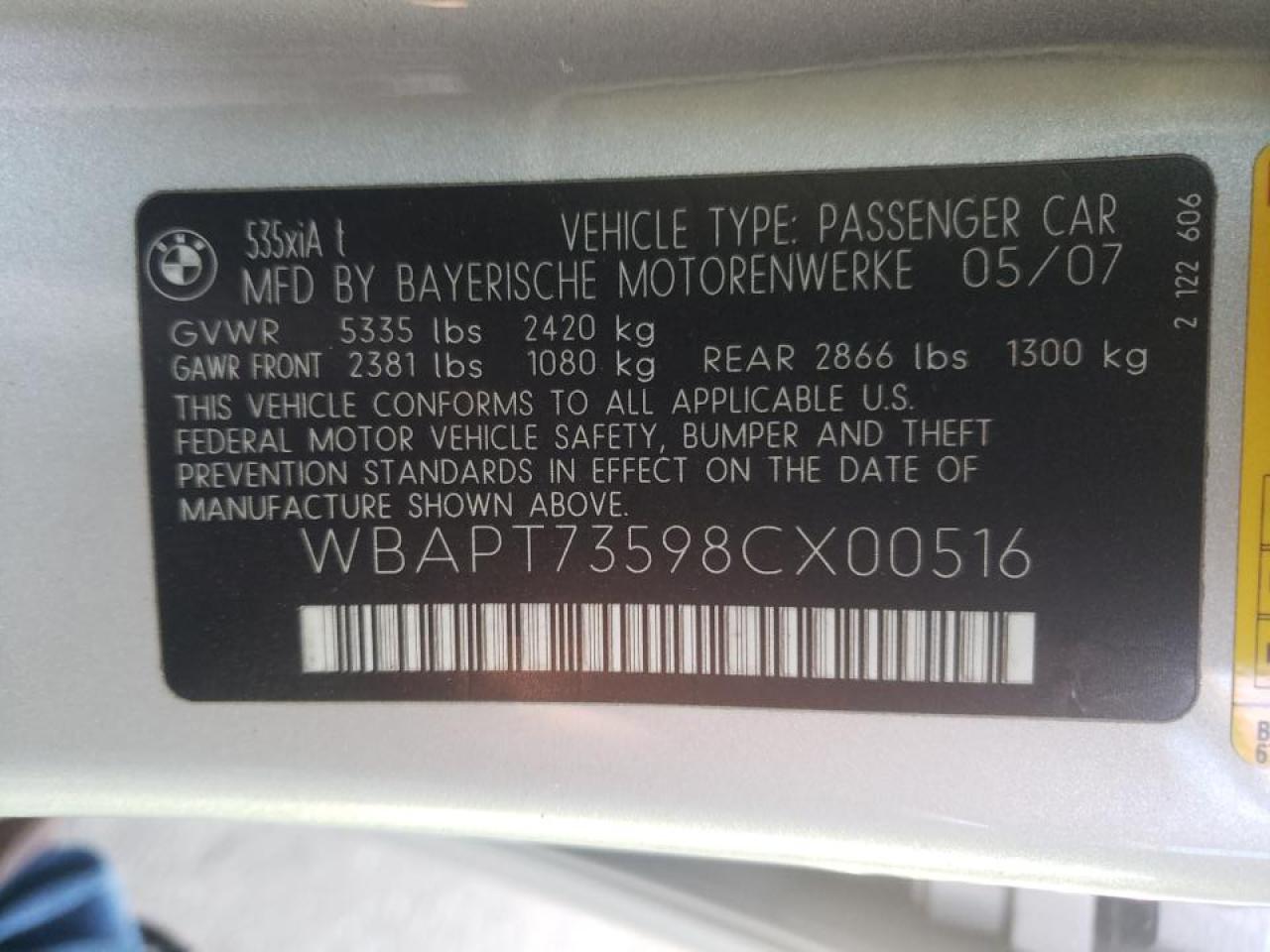 Photo 10 from auction – 2008 BMW 535 XI with VIN WBAPT73598CX00516