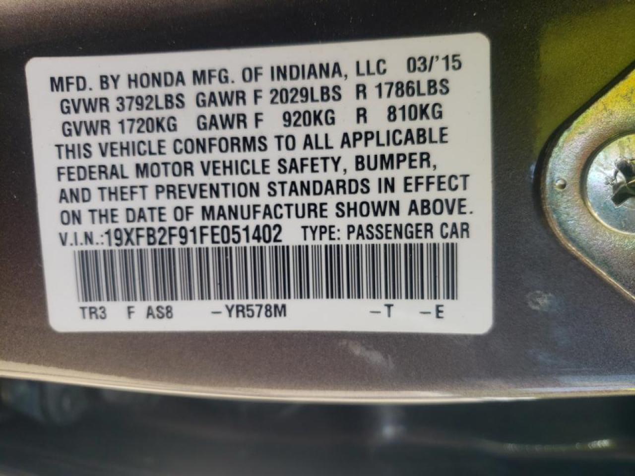 Photo 10 from auction – 2015 HONDA CIVIC EXL with VIN 19XFB2F91FE051402