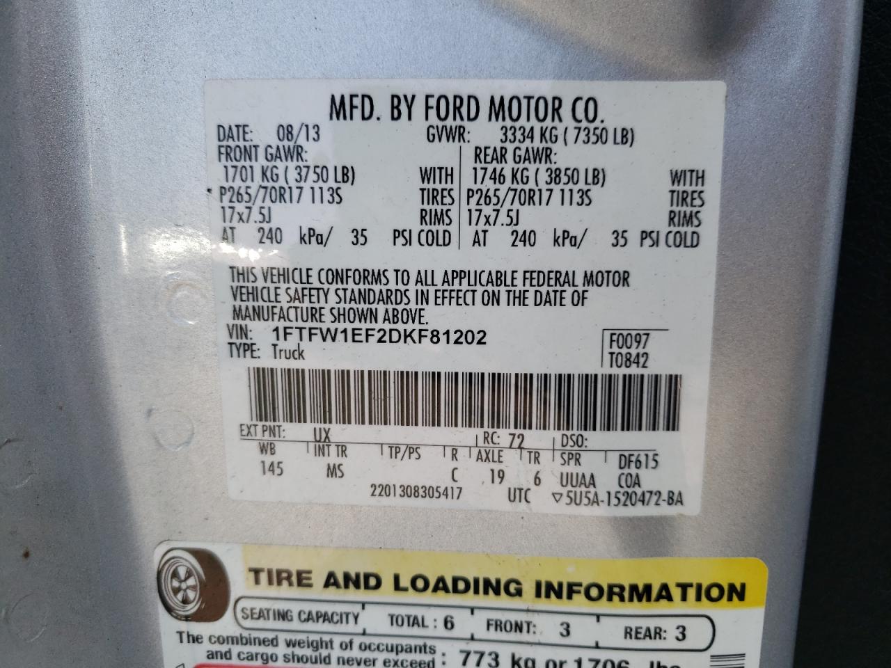 Photo 10 from auction – 2013 FORD F150XLT4X4 with VIN 1FTFW1EF2DKF81202