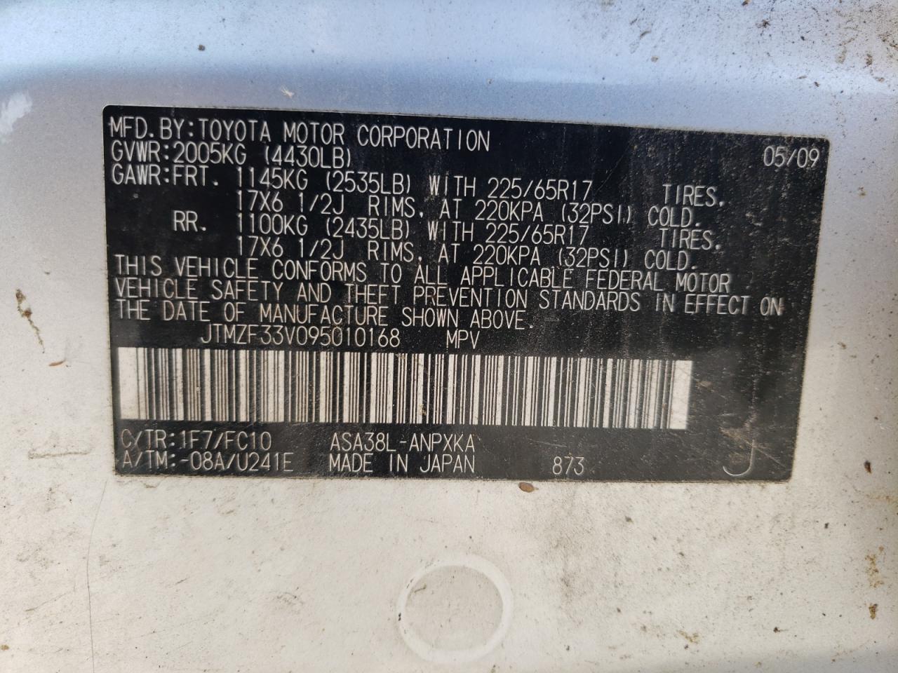 Photo 10 from auction – 2009 TOYOTA RAV4 with VIN JTMZF33V095010168