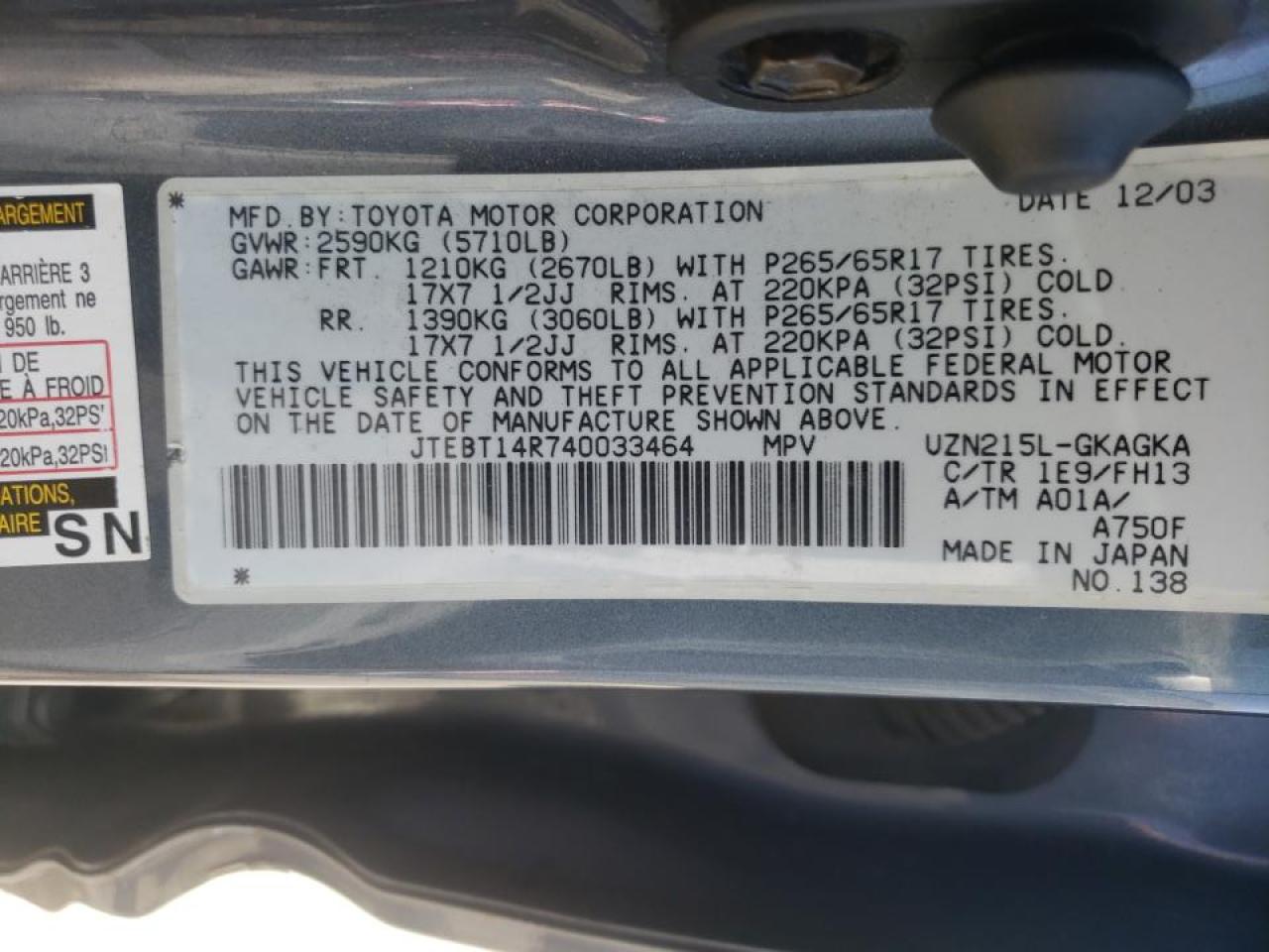Photo 10 from auction – 2004 TOYOTA 4RUNNER SR with VIN JTEBT14R740033464