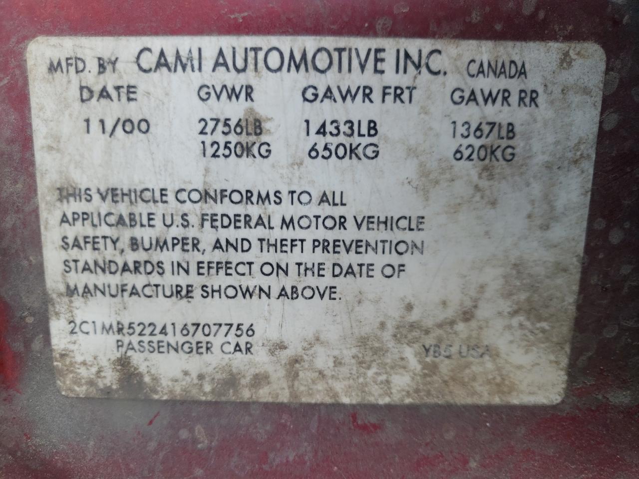 Photo 10 from auction – 2001 CHEVROLET METRO LSI with VIN 2C1MR522416707756