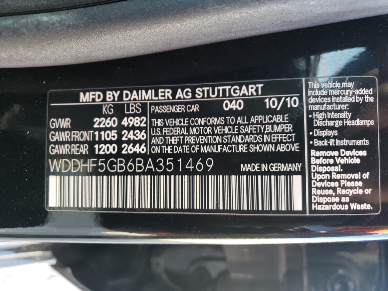 Photo 10 from auction – 2011 MERCEDES-BENZ E 350 with VIN WDDHF5GB6BA351469