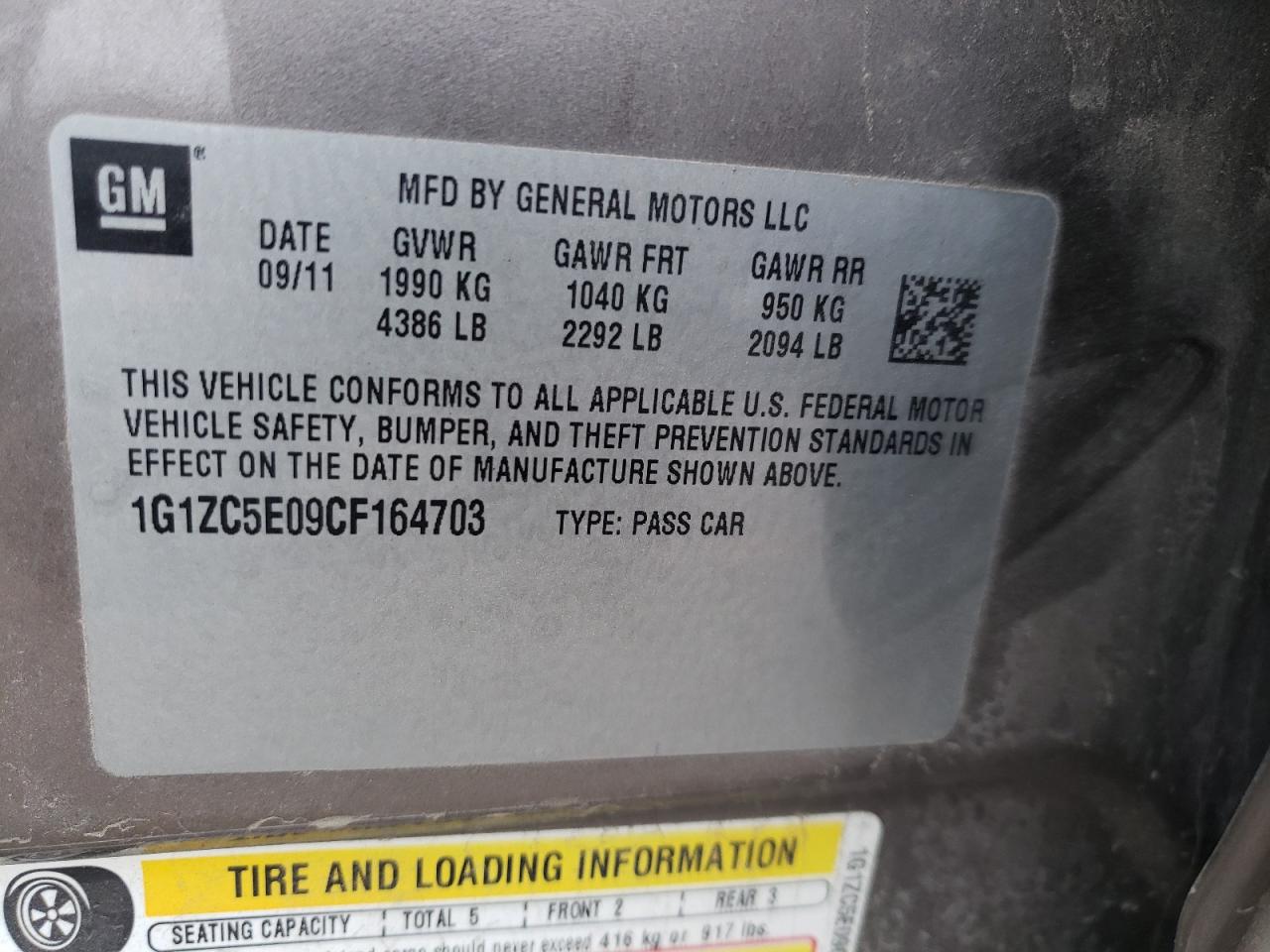Photo 10 from auction – 2012 CHEVROLET MALIBU 1LT with VIN 1G1ZC5E09CF164703