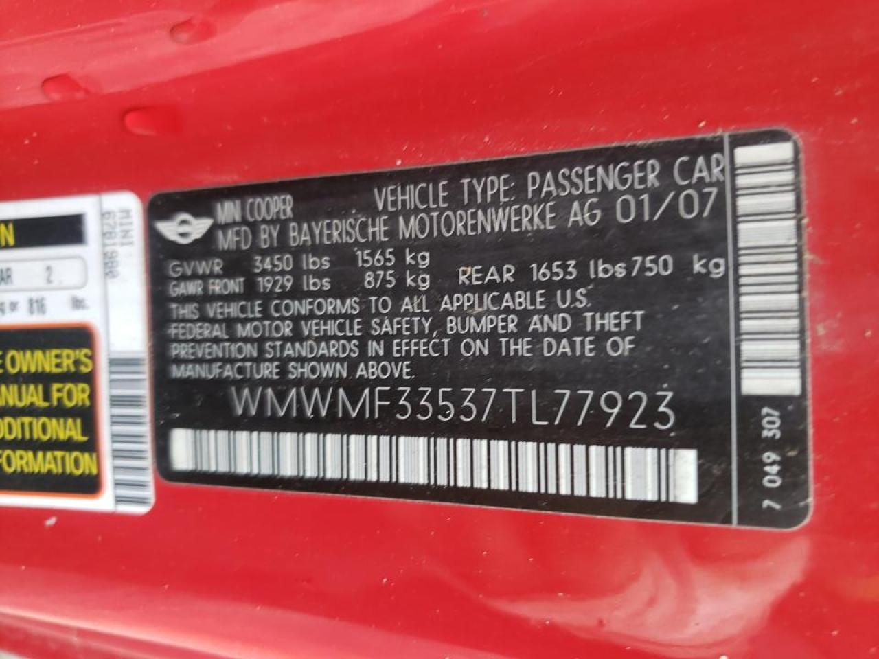 Photo 10 from auction – 2007 MINI COOPER with VIN WMWMF33537TL77923