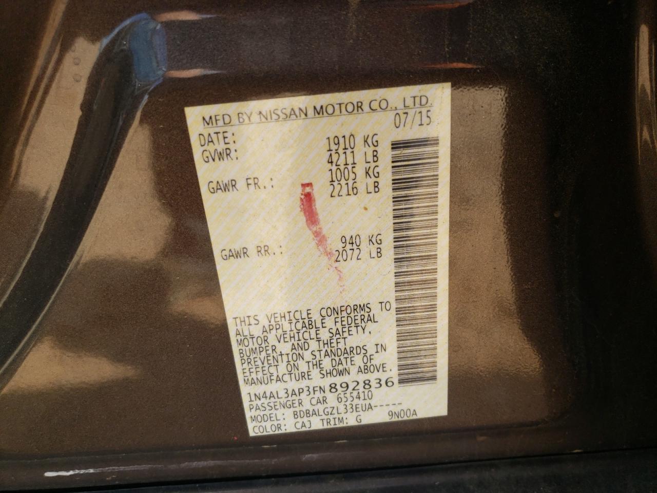 Photo 10 from auction – 2015 NISSAN ALTIMA 2.5 with VIN 1N4AL3AP3FN892836