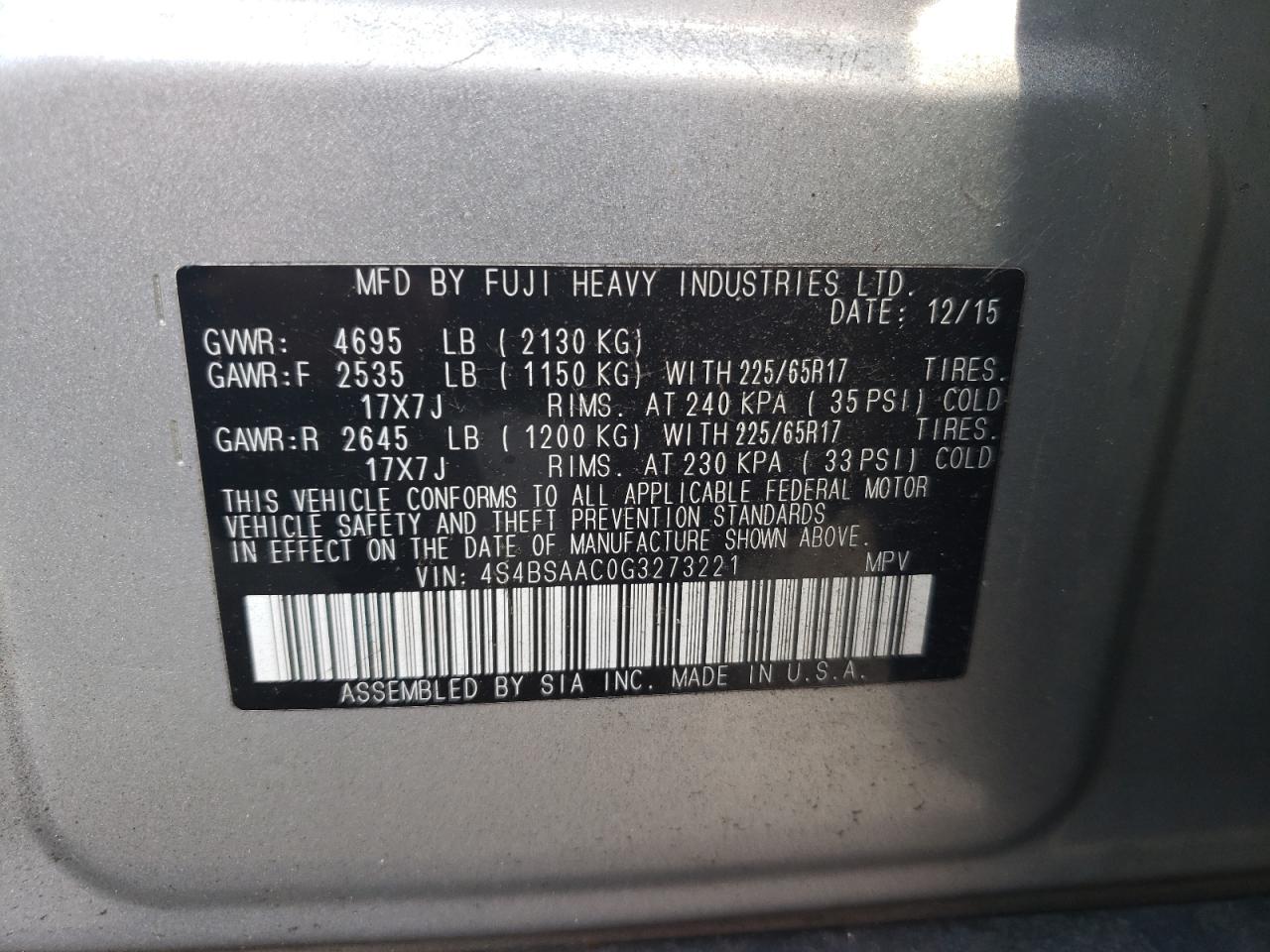 Photo 10 from auction – 2016 SUBARU OUTBACK 2. with VIN 4S4BSAAC0G3273221