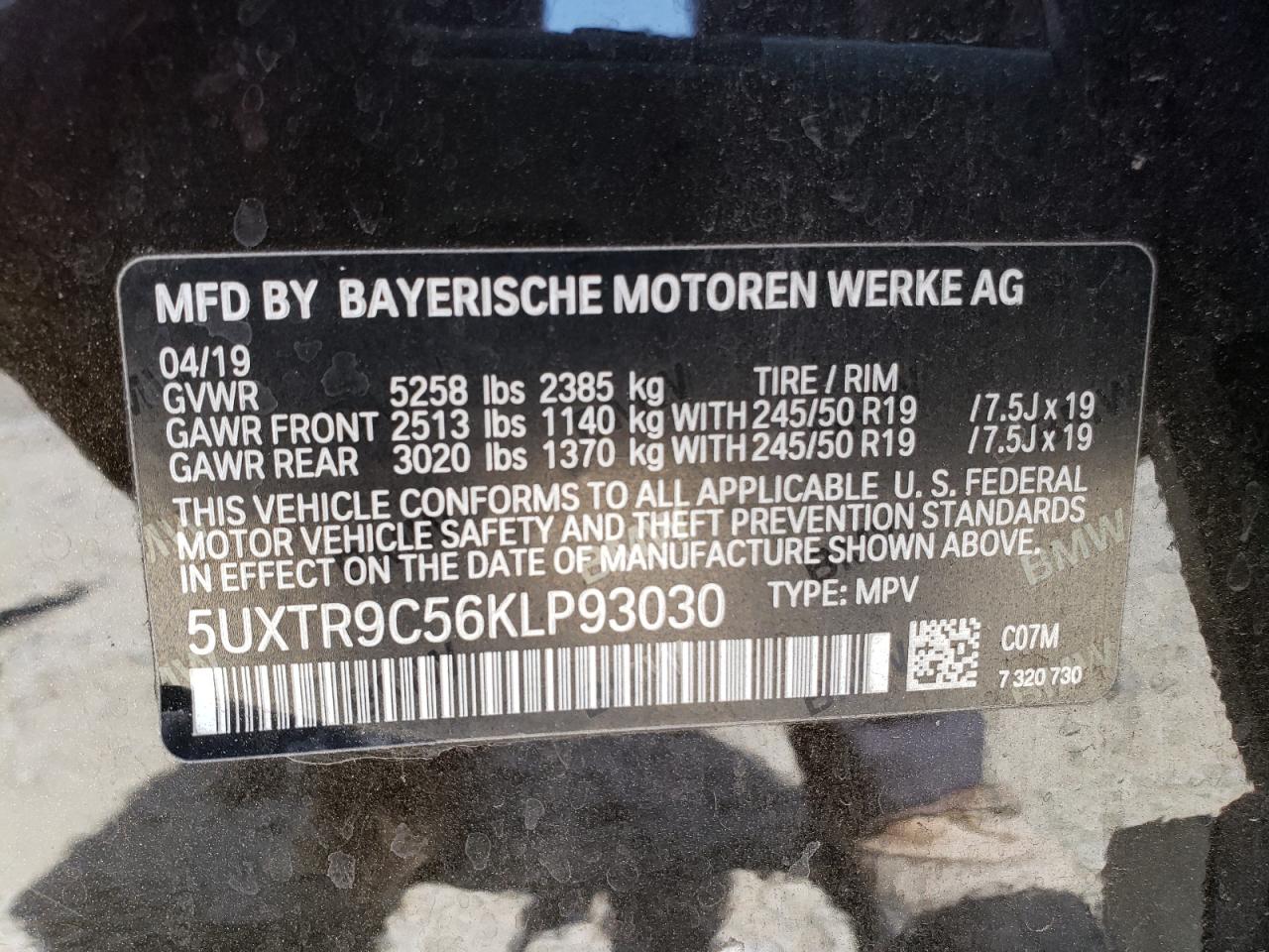 Photo 10 from auction – 2019 BMW X3 XDRIVE3 with VIN 5UXTR9C56KLP93030