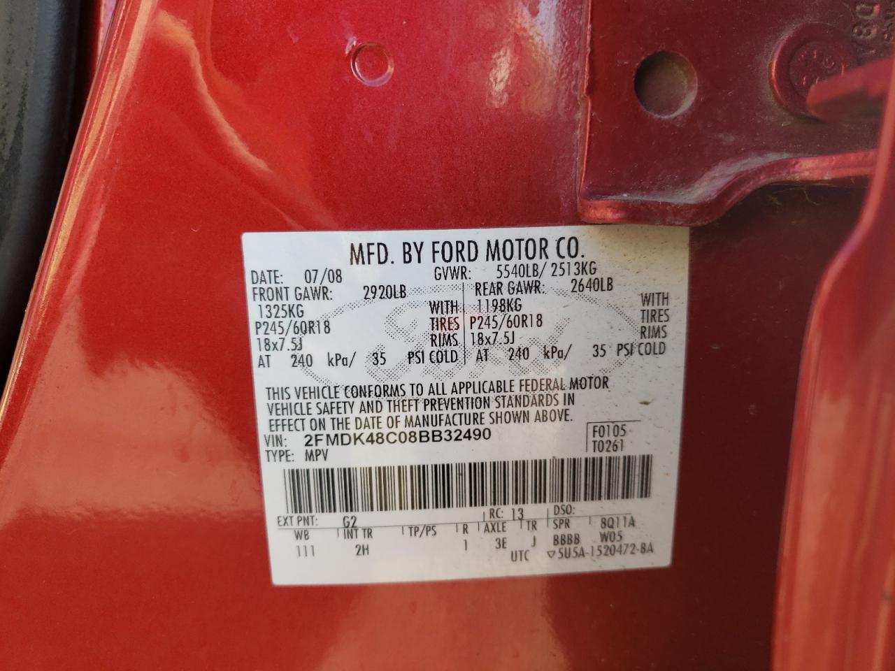 Photo 10 from auction – 2008 FORD EDGE SEL with VIN 2FMDK48C08BB32490